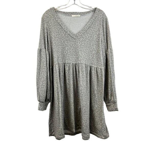 Dear Apple Womens V-Neck A-Line Gray/Beige Leopard Print Dress Cuff Sleeve M - Picture 1 of 7